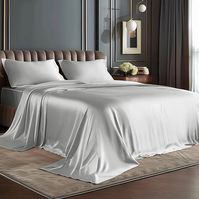 Premium Material BEDELITE Satin Sheets Queen Size Bed Set Luxury Soft Grey Silky Sheets for Hair and Skin Similar to Silk Bed Sheets Set 4 Pieces with 1 Deep Pocket Fitted Sheet 1 Flat Sheet and 2 Pillowcases Official
