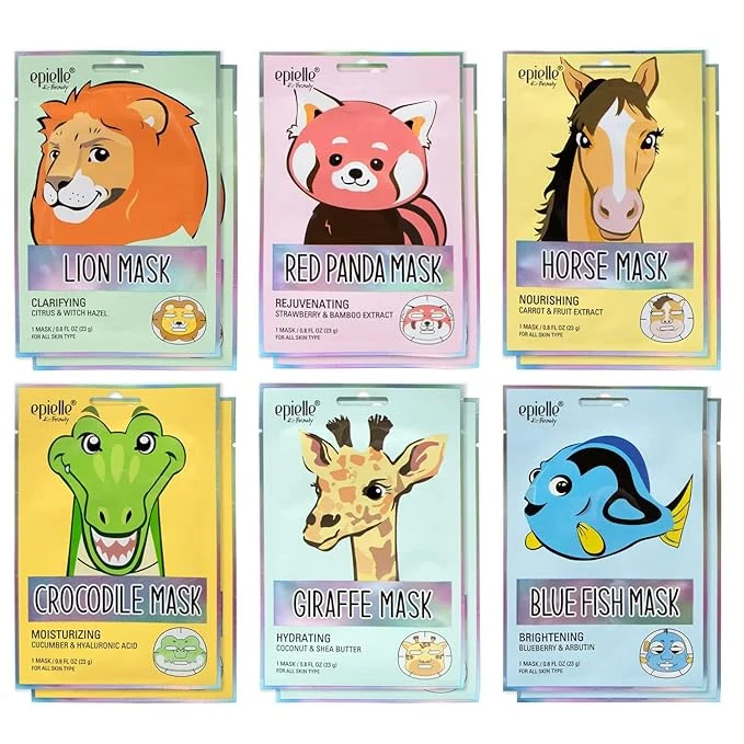 Comfortable Epielle Character Face Mask Wild Kingdom 12 Pack Fun Effective Korean Skin Long-Lasting