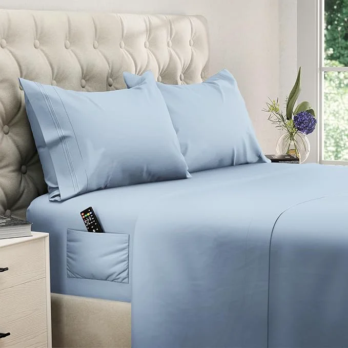 User-Friendly DREAMCARE Queen Sheet Set – 4 pcs Cooling Sheets – up to 21 Extra Deep Pocket Queen Sheets – Hotel Luxury Sheets amp Pillowcases – Superior Softness Fine Microfiber with Side Pocket – Light Blue Refined