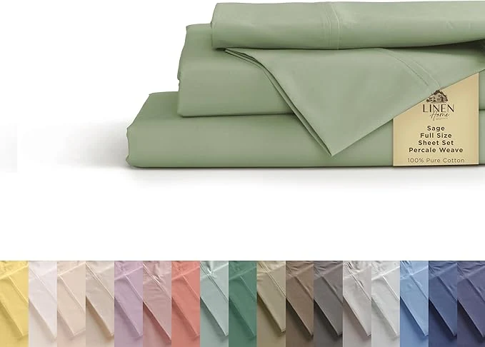 Long-Lasting Linen Home Cotton Percale Sheets Full Size Sage Deep Pocket 4 Pieces Set – 1 Flat 1 Deep Pocket Fitted Sheet and 2 Pillowcases Crisp Cool and Strong Bed Linen Verified