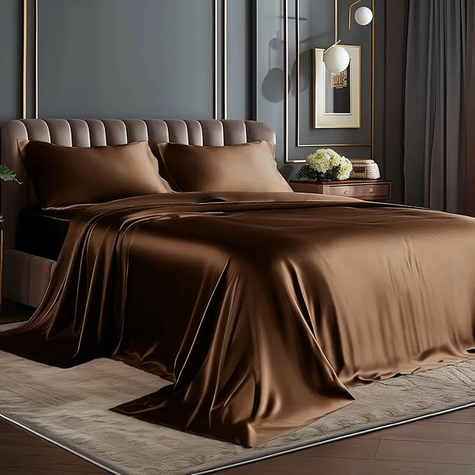 Lightweight BEDELITE Satin Sheets Full Size Bed Set Luxury Soft Brown Silky Sheets for Hair and Skin Similar to Silk Bed Sheets Set 4 Pieces with 1 Deep Pocket Fitted Sheet 1 Flat Sheet and 2 Pillowcases Fine