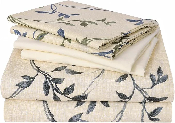 Luxury JSD 6 Piece Beige Leaves Printed Sheet Set Queen Size Soft Botanical Microfiber Sheets Extra Deep Pocket Original