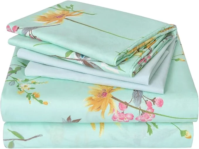 Long-Lasting JSD Green Floral Queen Sheet Set 6 Piece Soft Boho Printed Microfiber Bed Sheets Extra Deep Pocket Oeko-TEX Next-Generation
