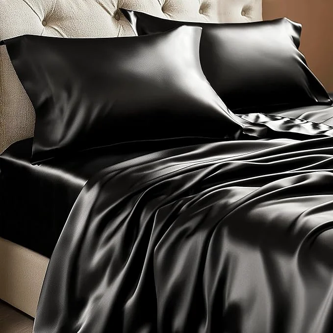 Elegant BEDELITE Satin Sheets Queen Size Bed Set Luxury Soft Black Silky Sheets for Hair and Skin Similar to Silk Bed Sheets Set 4 Pieces with 1 Deep Pocket Fitted Sheet 1 Flat Sheet and 2 Pillowcases Recyclable