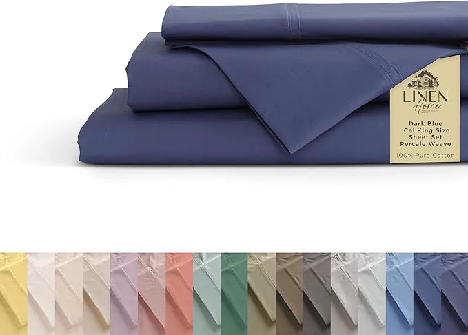 Optimized Linen Home Cotton Percale Sheets California King Size Dark Blue Deep Pocket 4 Pieces Set – 1 Flat 1 Deep Pocket Fitted Sheet and 2 Pillowcases Crisp Cool and Strong Bed Linen Fine Crafted