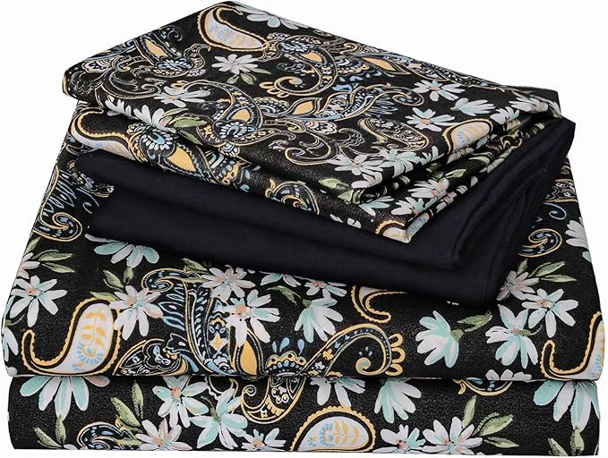 Long-Lasting JSD Black Paisley Floral Sheet Set Queen Size 6 Piece Printed Pattern Soft Microfiber Bed Sheets Extra Deep Pocket Clean