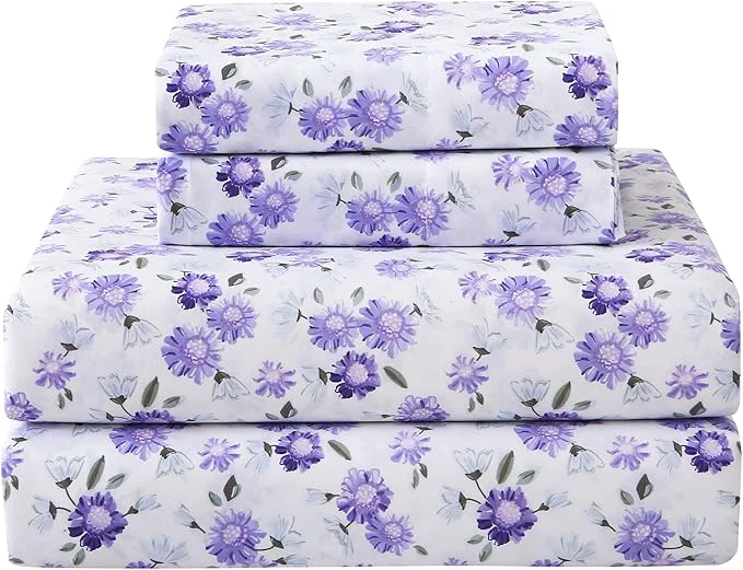 Fast Softan Puple Floral King Sheet Set 4-Piece Microfiber Printed Fitted Sheet with 15 quot Deep Pockets amp Non-Slip Straps White Flower Patterned Bedding Sheets amp Pillowcase Set Smart