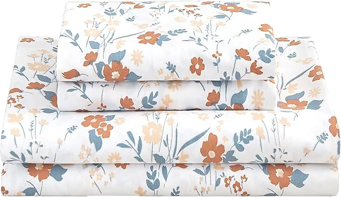 Sophisticated Softan Floral Twin Size Sheet Set Orange Flower Printed Bed Sheets for Girls 3-Piece Microfiber Single Fitted Sheet with 15 quot Deep Pocket amp Non-Slip Straps Patterned Bedding Sheets amp Pillowcase Set Fast
