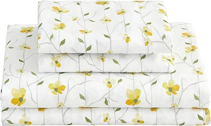 Minimalist Softan King Sheet Set Yellow Floral Bed Sheets Printed Sheets – 4 Piece Soft Microfiber Patterned Fitted Sheets King with 15 quot Deep Pocket and Corner Straps Cute Yellow Flower Sheets amp Pillowcase Set Secure