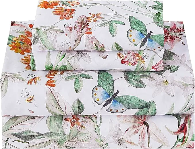 World-Class Softan Green Floral Queen Sheet Set Cozy Microfiber Butterfly Printed Fitted Bed Sheet with 15 quot Deep Pockets amp Corner Non-Slip Straps Botanical Patterned Sheets amp Pillowcase Set Powerful