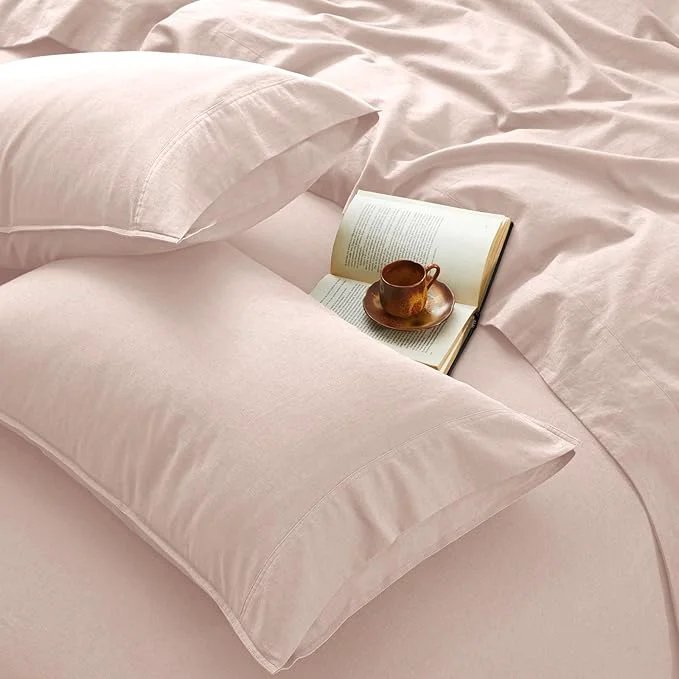 World-Class 4Pcs Organic Linen Sheets Full Size French Linen from Normandy Breathable Pink Full Sheet Set with 16 Inch Deep Pocket 1 Flat Sheet 1 Fitted Sheet 2 Pillowcases Relaxed