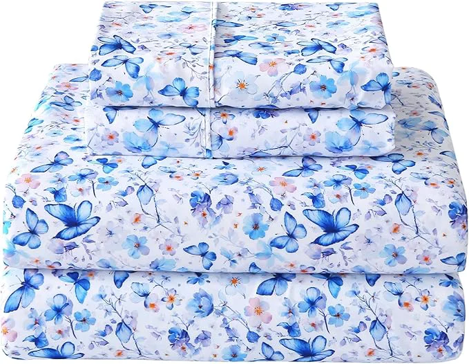 Premium Softan Full Floral Sheets Microfiber Blue Flower Printed Fitted Sheets with Non-Slip Corner Straps and 15 quot Deep Pocket Butterfly Patterned Cozy Bed Sheets Double Sheets amp Pillowcase Sets Organic