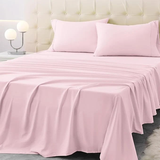 Advanced Queen Size Bed Sheet Set – 4 Piece Soft Microfiber Sheets with Deep Pockets Cooling Technology and Wrinkle- Pillowcase. Hotel-Quality Durable Bedding Light Pink Flexible