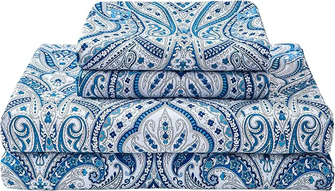 Casual Softan Blue Twin Size Sheet Set Paisley Printed Bed Sheets for Single Bed 3-Piece Microfiber Fitted Sheet with 15 quot Deep Pocket amp Non-Slip Straps Patterned Bedding Sheets amp Pillowcase Set Healthy