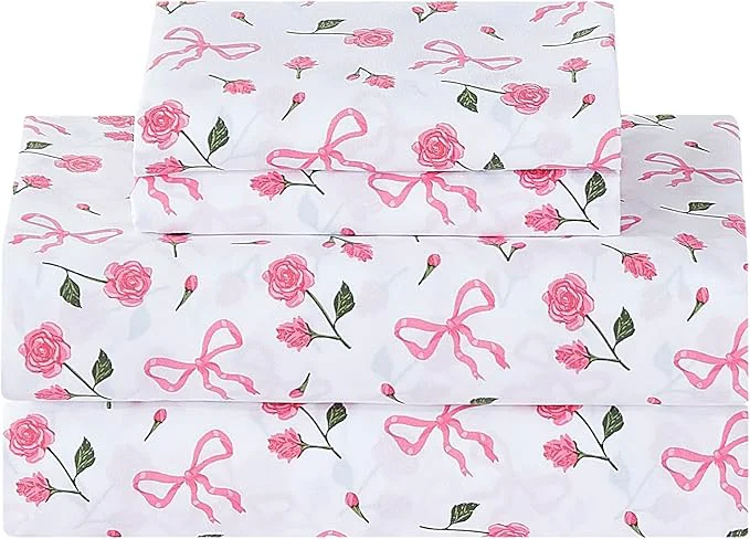 Elite Softan Pink Floral Full Bed Sheets Cozy Microfiber Flower Printed Sheets with 15 quot Deep Pocket Fitted Sheet amp Non-Slip Straps Patterned Pink Rose – Bow Sheets amp Pillowcase Set Carefully Designed