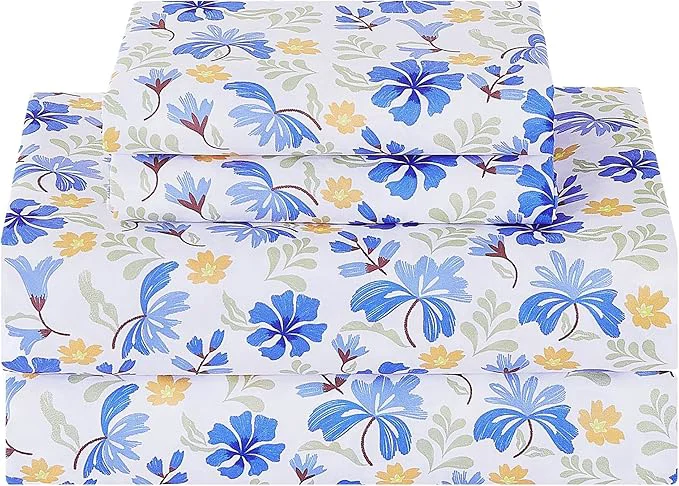 Premium Material Softan Vintage Blue Floral Full Bed Sheets Cozy Microfiber Flower Printed Sheets with 15 quot Deep Pocket Fitted Sheet amp Non-Slip Straps Patterned Floral in Blue amp Amber Sheets amp Pillowcase Set Comfortable