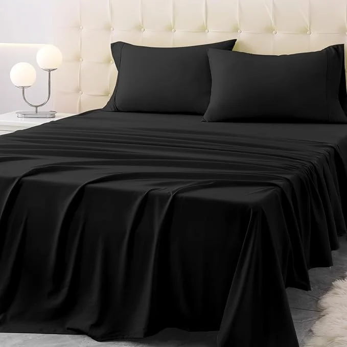 Certified Queen Size Bed Sheet Set – 4 Piece Soft Microfiber Sheets with Deep Pockets Cooling Technology and Wrinkle- Pillowcase. Hotel-Quality Durable Bedding Black Official