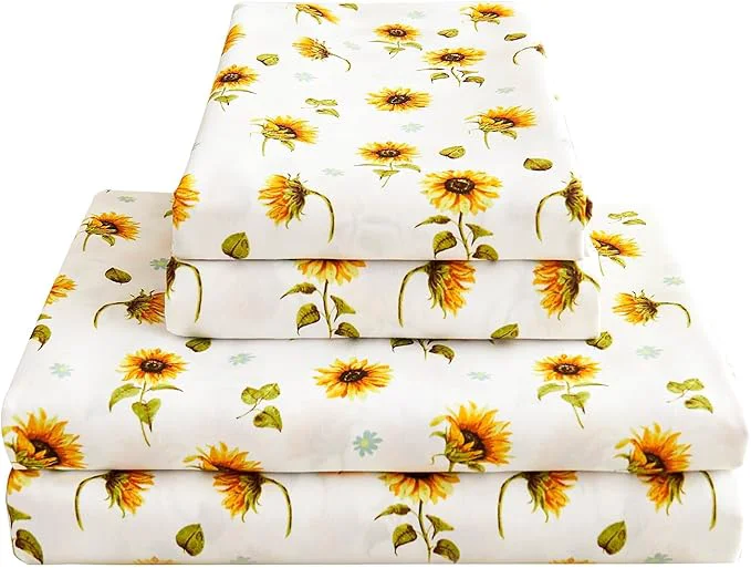 Unique Softan Yellow Floral Sheet Set King Sunflower Printed Bed Sheets King Brushed Microfiber Fitted Sheet with 15 quot Deep Pocket amp Non-Slip Straps Yellow Flower Patterned Sheet amp Pillowcase Sets Sophisticated
