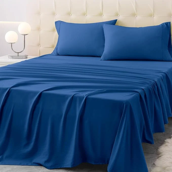Convenient Full Size Bed Sheet Set – 4 Piece Soft Microfiber Sheets with Deep Pockets Cooling Technology and Wrinkle- Pillowcase. Hotel-Quality Durable Bedding Prussian Blue Natural