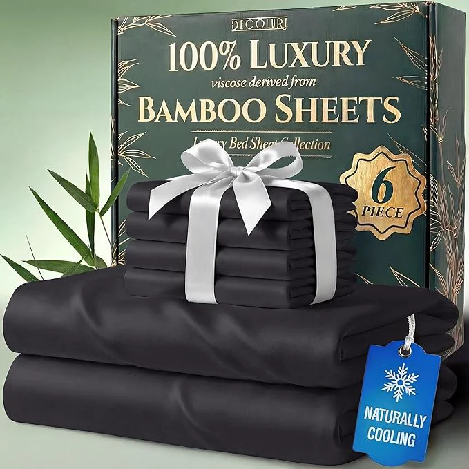 Unique DECOLURE Viscose Derived from Bamboo Sheets King Size – Luxury 6 Pc Naturally Cooling Sheets Ultra Soft Bed Set – Deep 17 quot Pockets Durable Double Stitching Oeko Tex Standard Charcoal Stylish