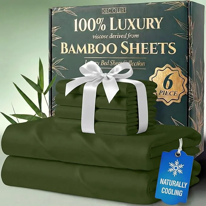 Original DECOLURE Viscose Derived from Bamboo Sheets King Size – Luxury 6 Pc Naturally Cooling Sheets Ultra Soft Bed Set – Deep 17 quot Pockets Durable Double Stitching Oeko Tex Standard Olive Official