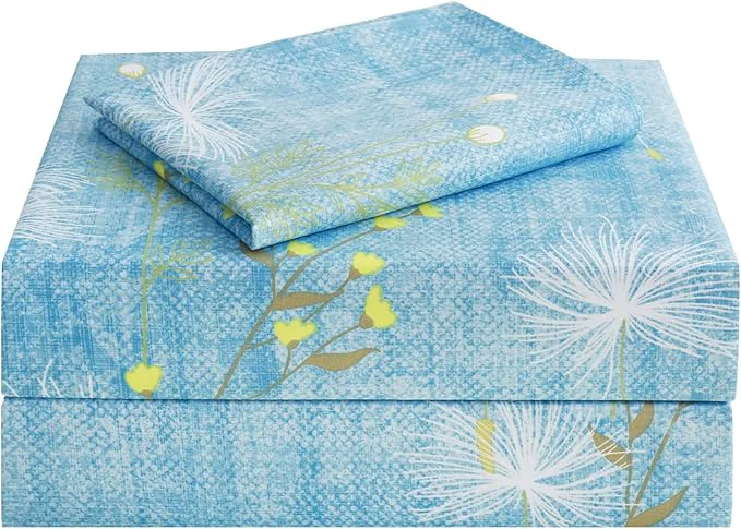 Solid JSD Blue Floral Print Sheet Set Twin Size 3 Piece Soft Botanical Microfiber Sheets Extra Deep Pocket Wrinkle Effective
