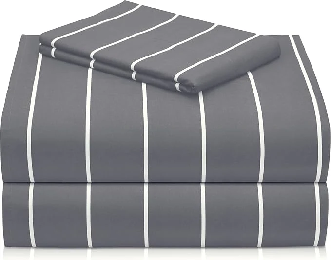 Pure LuxClub Striped Sheets 3 PC Striped Bed Sheets Twin Size for-Boys-and-Girls-Deep Pockets 18 quot Eco Friendly Wrinkle -Kids-Fitted Sheets Machine Washable Hotel Bedding Twin Light Grey Lightweight