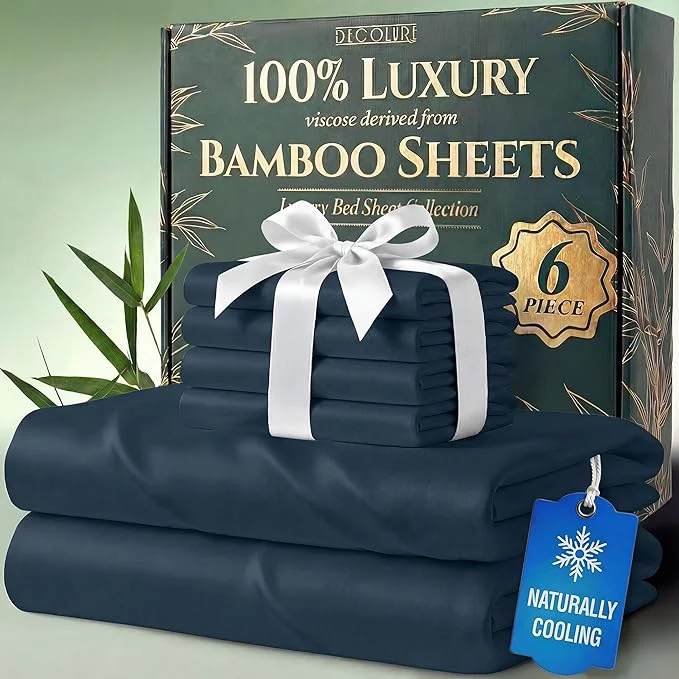 Proven DECOLURE Viscose Derived from Bamboo Sheets Full Size – Luxury 6 Pc Naturally Cooling Sheets Ultra Soft Bed Set – Deep 17 quot Pockets Durable Double Stitching Oeko Tex Standard Navy Blue User-Friendly