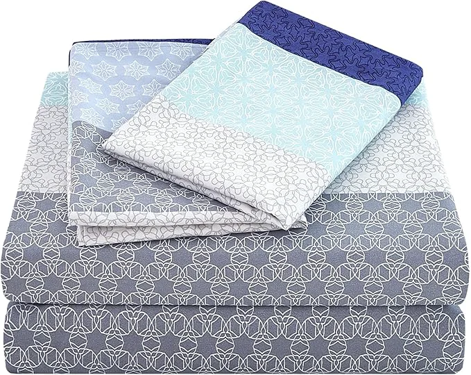 Traditional JSD Blue Striped Sheet Set Queen Size 4 Piece Soft Printed Microfiber Sheet Set Extra Deep Pocket Practical