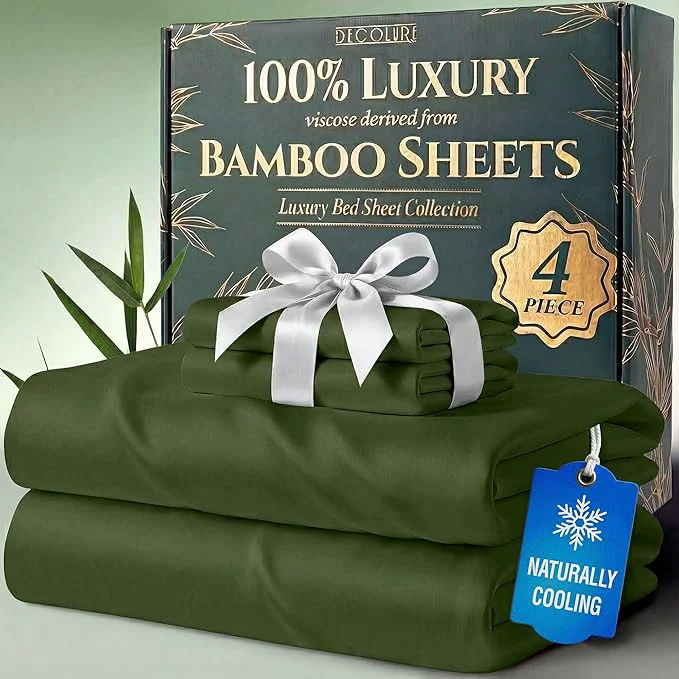 Recyclable DECOLURE Viscose Derived from Bamboo Sheets Twin Size – Luxury 4 Pc Naturally Cooling Sheets Ultra Soft Bed Set – Deep 17 quot Pockets Durable Double Stitching Oeko Tex Standard Olive Refined