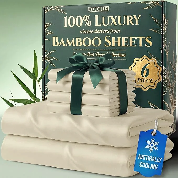 Fine Crafted DECOLURE Viscose Derived from Bamboo Sheets Full Size – Luxury 6 Pc Naturally Cooling Sheets Ultra Soft Bed Set – Deep 17 quot Pockets Durable Double Stitching Oeko Tex Standard Creme Proven
