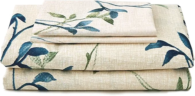 Contemporary JSD Beige Leaves Printed Sheet Set King Size 4 Piece Botanical Pattern Microfiber Sheets Extra Deep Pocket World-Class