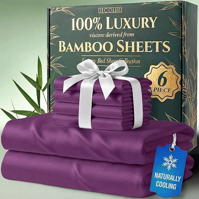 DECOLURE Viscose Derived from Bamboo Sheets Full Size – Luxury 6 Pc Naturally Cooling Sheets Ultra Soft Bed Set – Deep 17 quot Pockets Durable Double Stitching Oeko Tex Standard Purple Long-Lasting