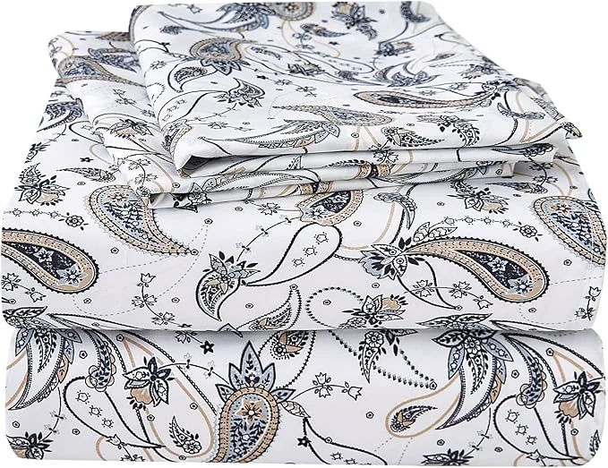 Organic JSD Grey Paisley Printed Sheet Set Full Size 4 Piece Soft Retro Pattern Microfiber Sheets Extra Deep Pocket Excellent