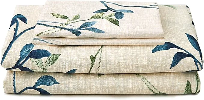 Dependable JSD Beige Leaves Printed Sheet Set Queen Size 4 Piece Botanical Pattern Microfiber Sheets Extra Deep Pocket Fine