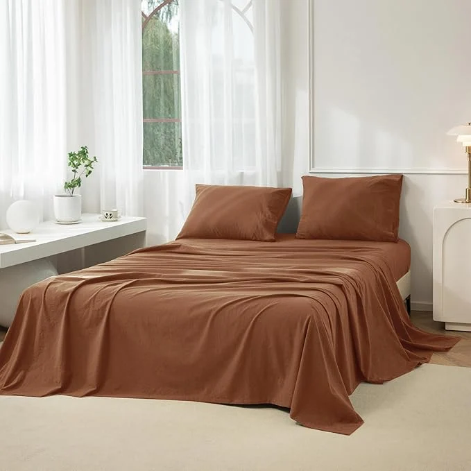 Excellent JIYUAN Queen Size Sheet Set 4-Piece – Washed Cotton Linen-Like Soft amp Breathable Includes Deep Pocket Fitted amp Flat Sheet with 2 Pillowcases Hotel Quality Solid Dark Orange High-End