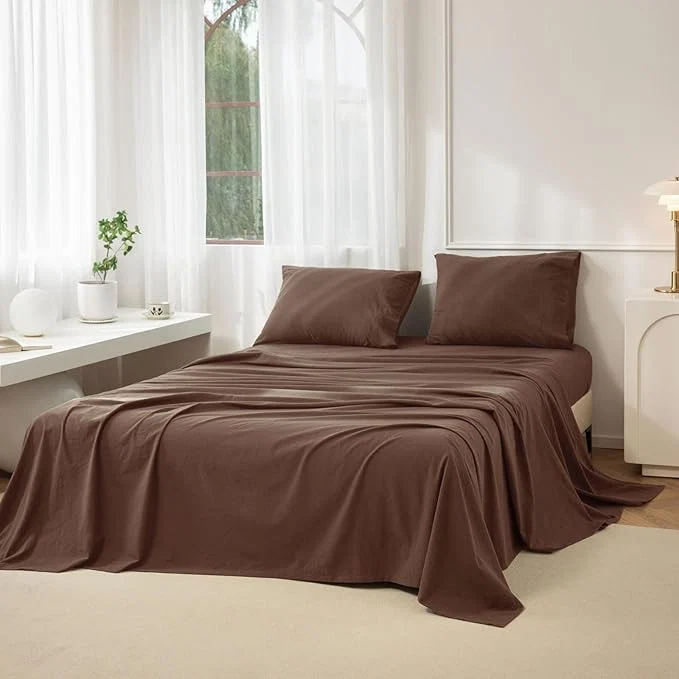 Lightweight JIYUAN California King Size Sheet Set 4-Piece – Washed Cotton Linen-Like Soft amp Breathable Includes Deep Pocket Fitted amp Flat Sheet with 2 Pillowcases Hotel Quality Solid Chocolate Brown Healthy