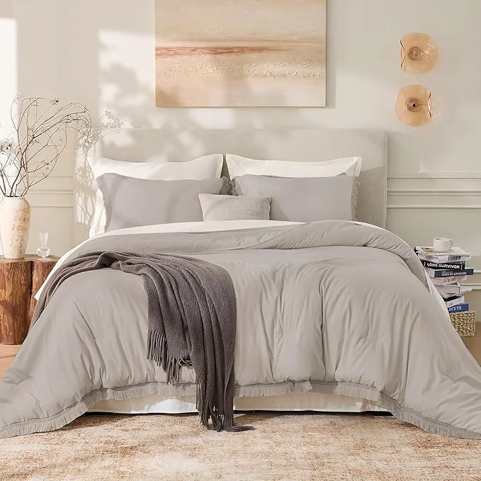 Traditional Andency King Size Comforter Set Heather Grey 3 Pieces Boho Soft Lightweight Optimized