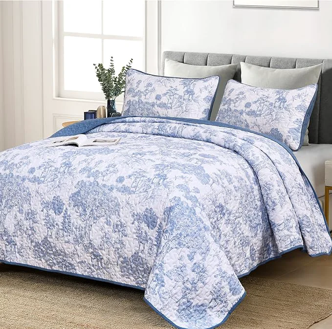 Elegant WONGS BEDDING Blue Quilt Set Queen Size 3 Pieces Botanical Bedspreads Set Relaxed