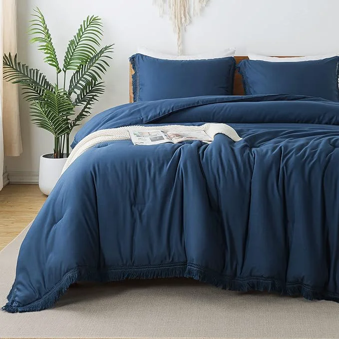 User-Friendly Andency Navy Blue Comforter Set Queen 3 Pieces Boho Tassel Lightweight Bedding Refined