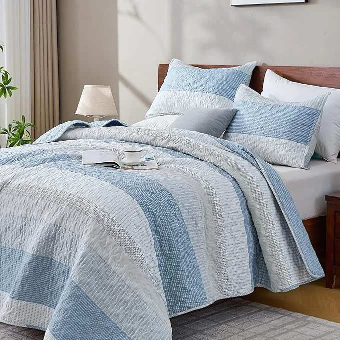 Functional Andency California King Quilt Set Misty Blue 3 Pieces Ultra Soft Lightweight Solid