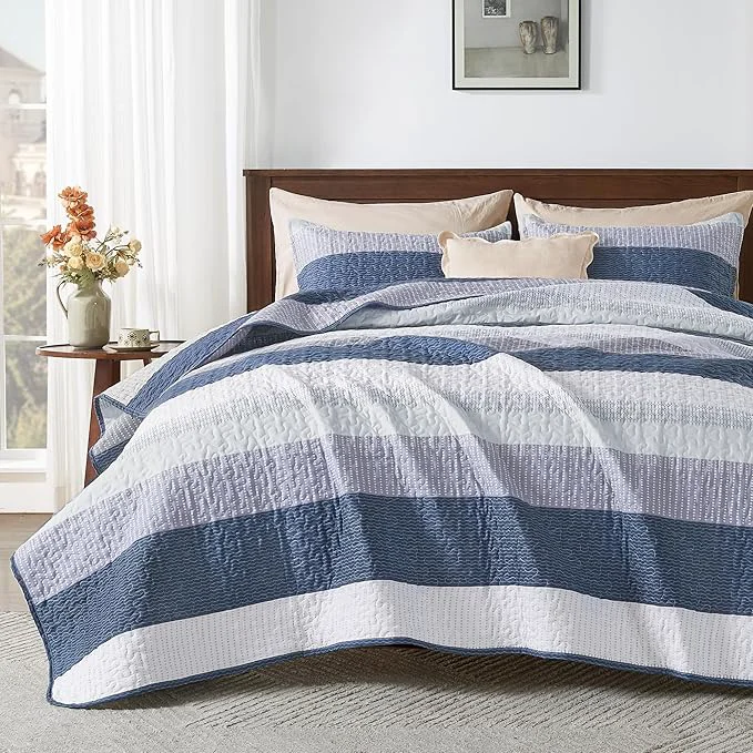 Recyclable Andency Oversized King Quilt Bedding Set 120x98Inch Mineral Blue Stripe Selected