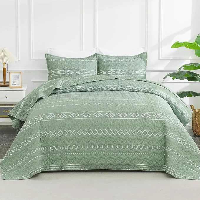 Contemporary Andency Sage Green Quilts Queen Size 3 Pieces Queen Quilt Bedding Set Boho Luxury