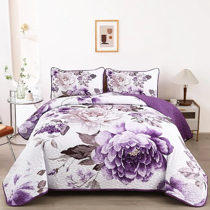 User-Friendly WONGS BEDDING Floral Quilt Set Purple Full Quilted Printed Lightweight Natural