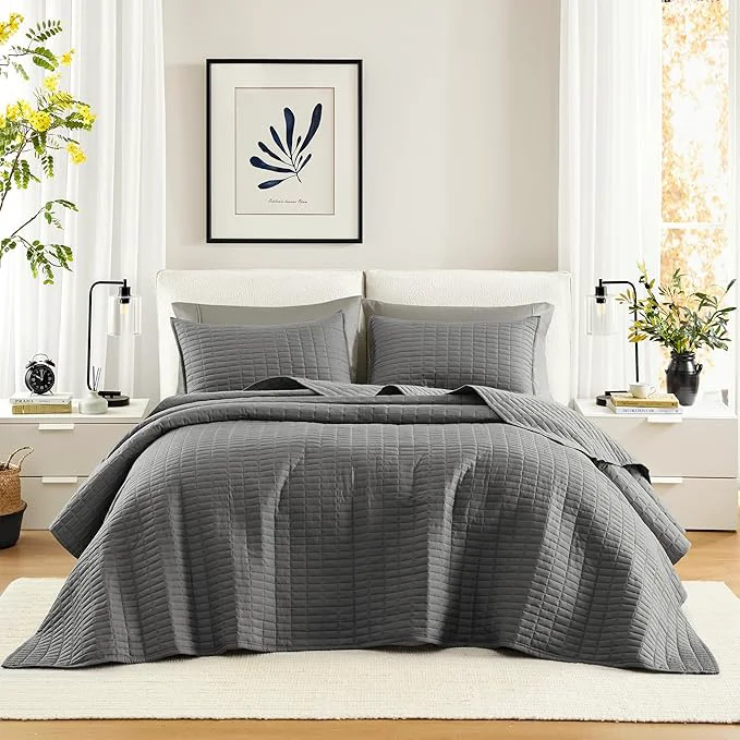 Contemporary Comfort Spaces Charcoal Oversized King Quilt Set 120 x118 Bedspread Quilted Exceptional