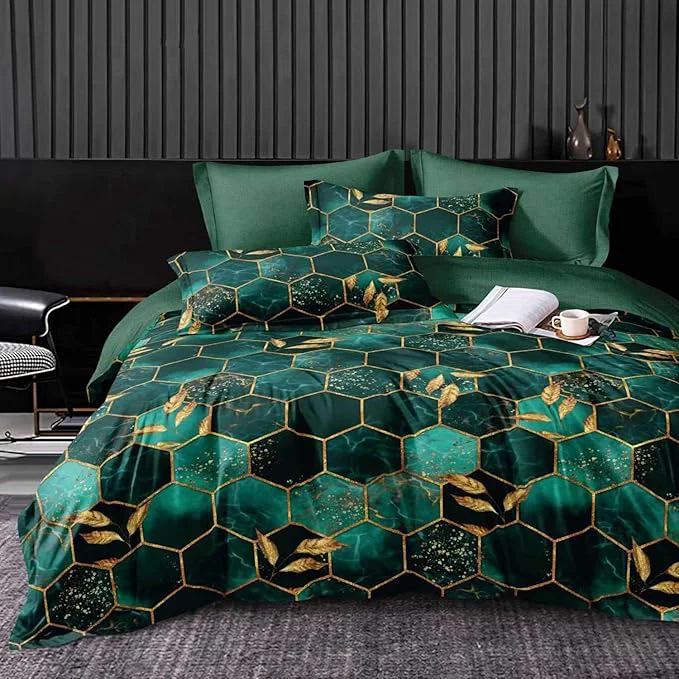 Smart Nanko Emerald Dark Green Gold Printed Queen Size Comforter Set 3 Pcs Lightweight