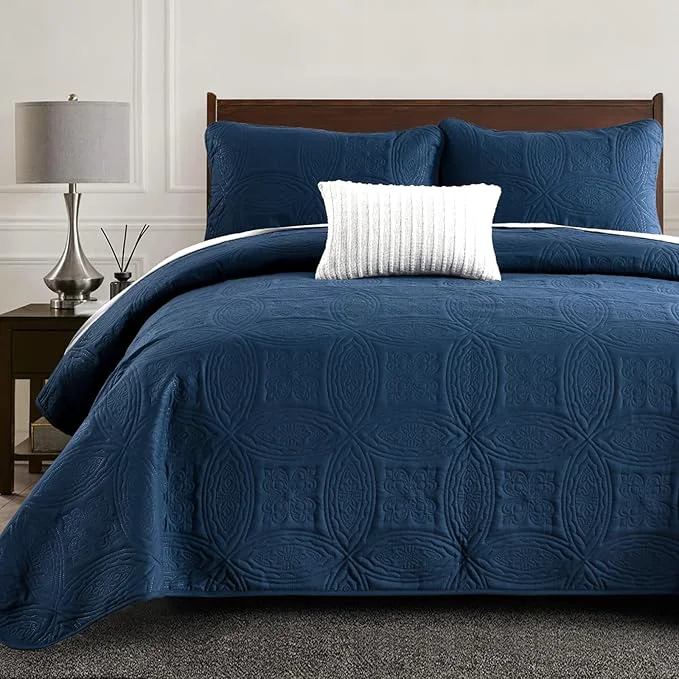 Original Design Yiran Navy Blue Quilt Set Queen Size Lightweight Bedspread Embossed Pattern Specialty