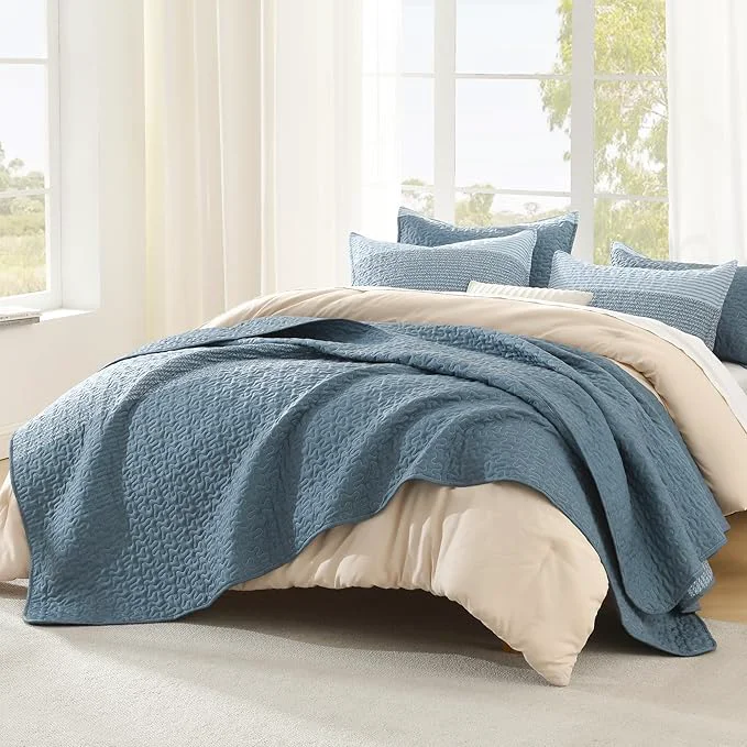 Easy-to-Use Litanika Quilt King Size Blue Linen Stripe Patchwork Summer Bedspread Coverlet Refined