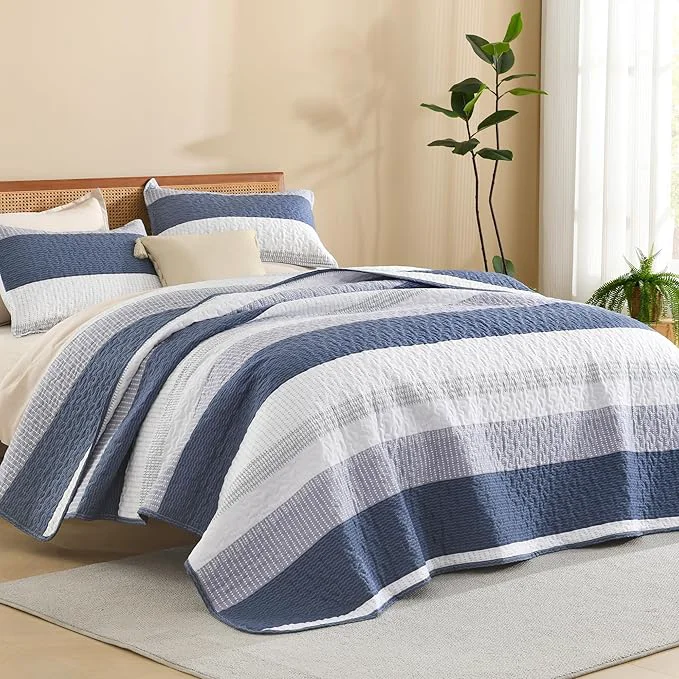 Modern Litanika Quilt Queen Size Mineral Blue Stripe Patchwork Summer Bedspread Soft