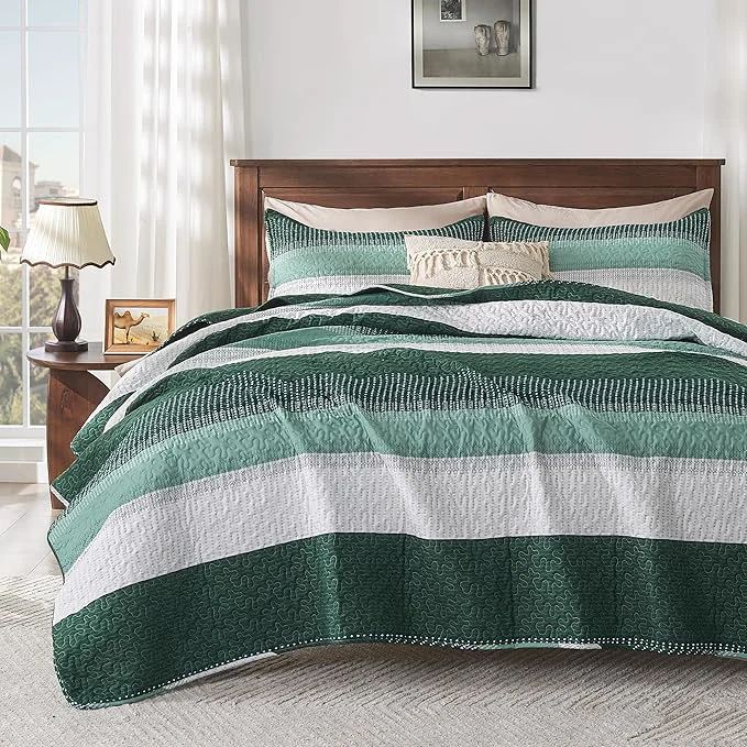 Artisan Andency Emerald Green Quilt Cal King 3 Pieces Patchwork Striped Bedspread Fast